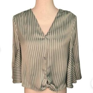 Lauren Conrad Women’s Green & White Stripe Crop Flutter Sleeve Tied Top NWOT S L
